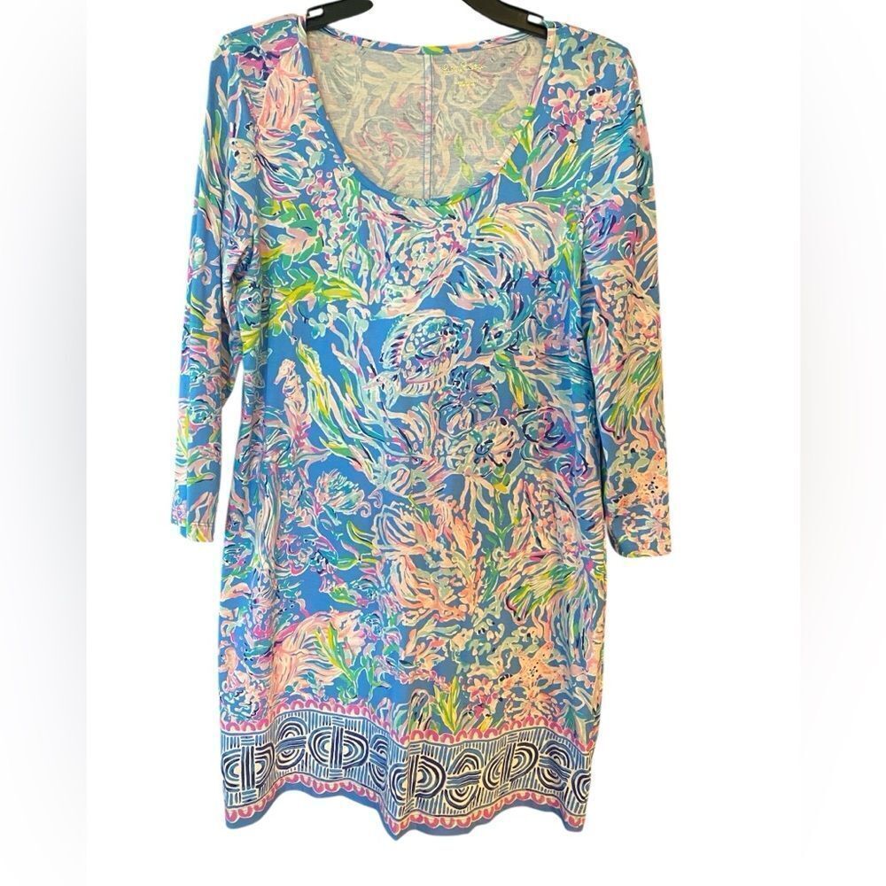 Lilly Pulitzer Sz L Classic Blue Pink Beacon Tropical Shift Long Sleeve Dress